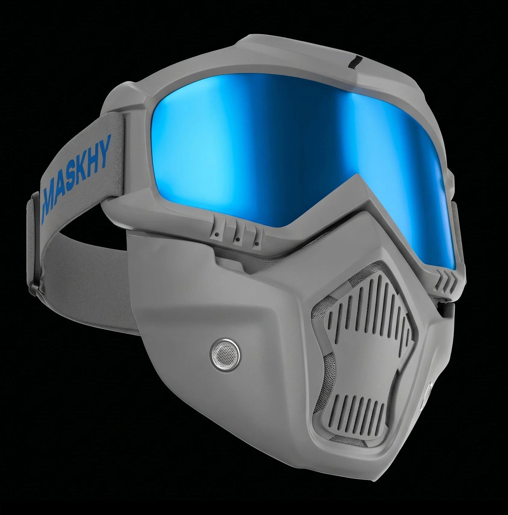 MASKHY Wavy in Stormy Gray: grey body, blue lens, blue logo
